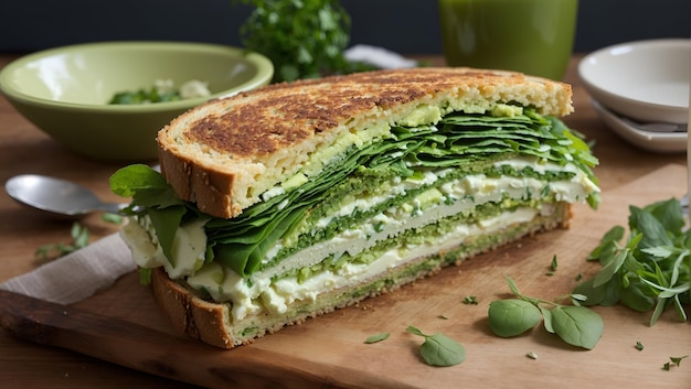 A green goddess sandwich with a golden brown crust and a savory herb filled interior