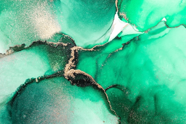 Green gold abstract background of marble liquid ink art painting on paper