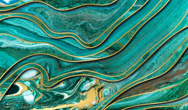 Green and gold agate ripple background. marble  with wave layers.