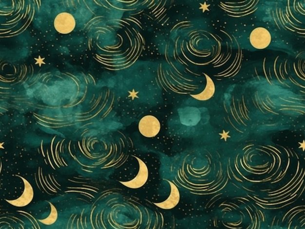 A green and gold background with stars and moons generative ai