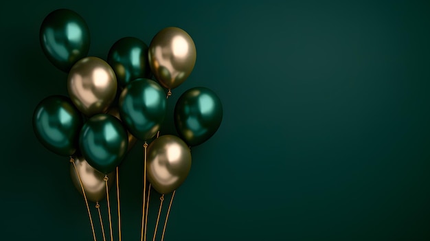 Photo green and gold balloons on green background