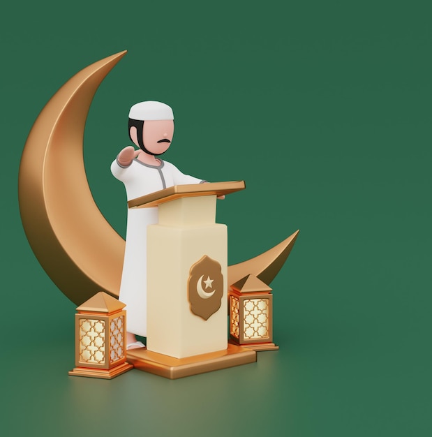 그린 골드 아름다운 현대 이슬람 3D 개체 라마단 및 Eid Mubarak Al Fitr