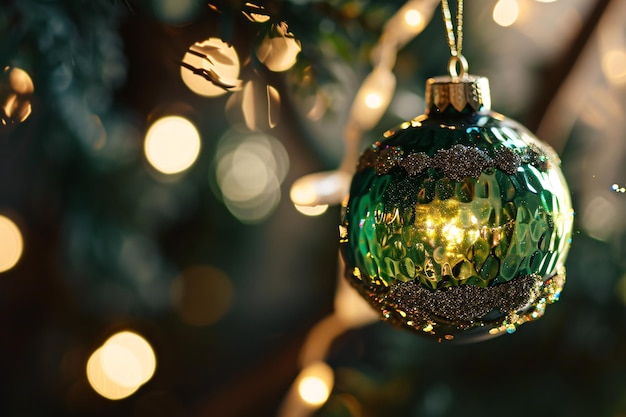 Зеленое и золотое рождественское украшение, висящее на дереве.