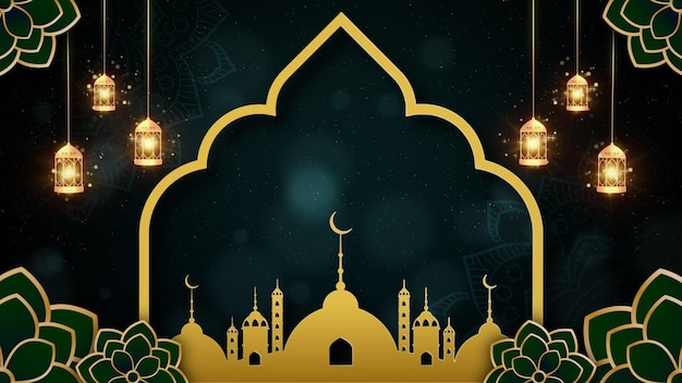 Green and gold color Eid mubarak islamic design concept