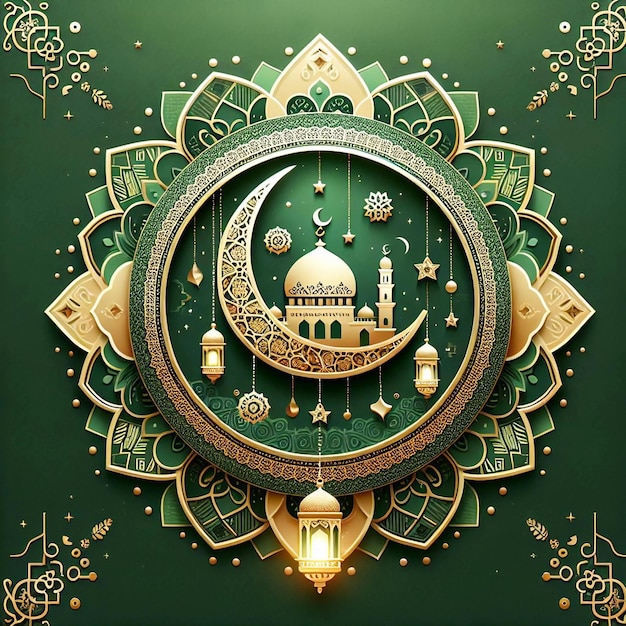 Green and gold color eid mubarak with a mosque gold top background concept Ai generative