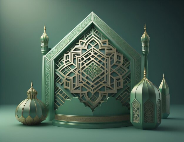 A green and gold design of a mosque with a mosque in the background.