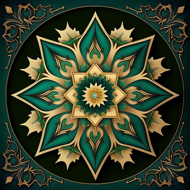 A green and gold design with a flower in the middle