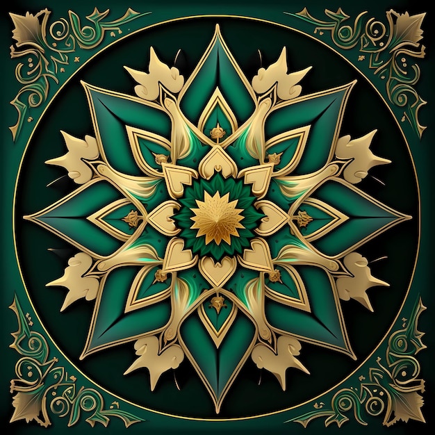 A green and gold design with a gold flower in the center