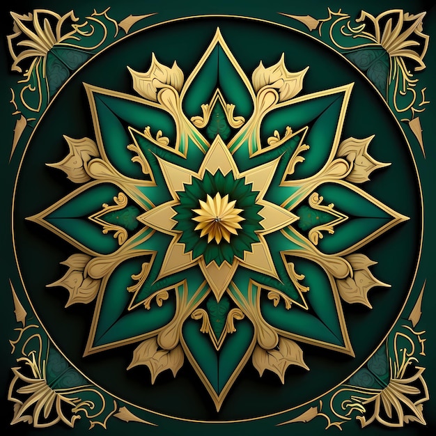 A green and gold design with a gold star in the center