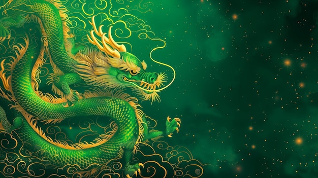 緑と金のドラゴンと星の背景 中国の新年