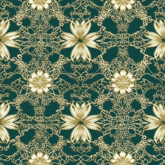 A green and gold floral pattern with a gold flower on a green background generative ai