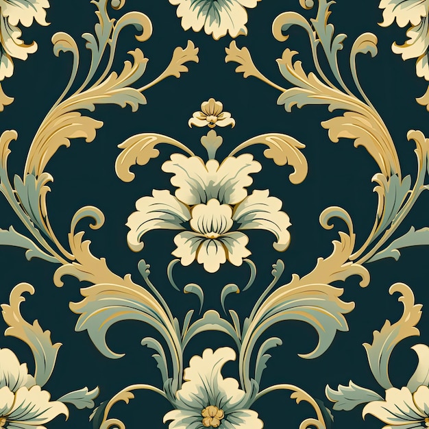a green and gold floral wallpaper with a floral pattern