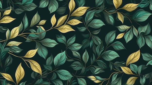 Gold leaves on black background, leaf (feather) on black background, gold  black leaf on background. Luxury feeling. Illustration. Generative ai.  Stock Illustration