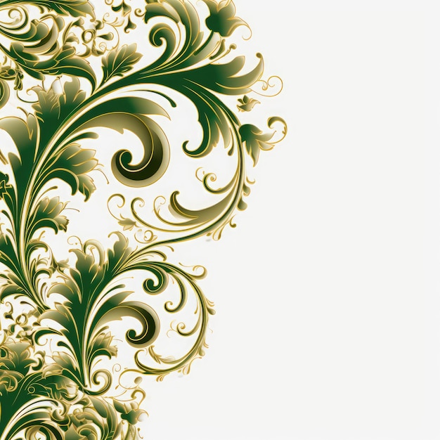 AI が生成した白い背景にグリーン ゴールドの豪華な装飾的なフィリグリーの精巧な