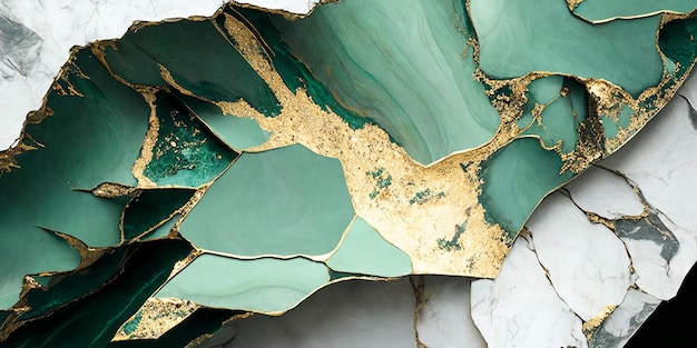 A green and gold marble table top with a gold leaf pattern.