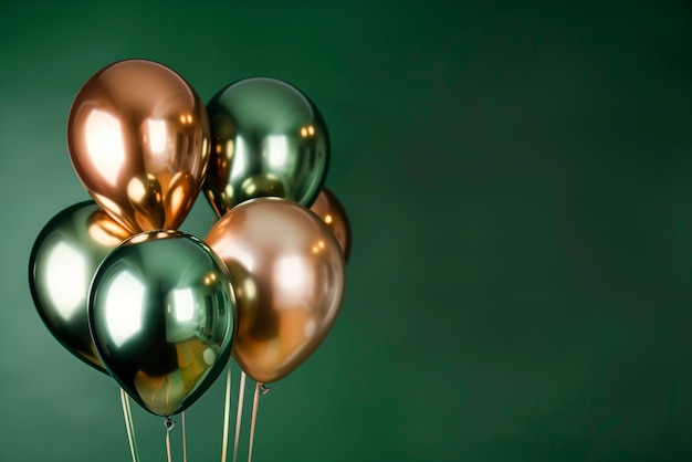 Foto palloncini metallici verdi e dorati su uno sfondo verde