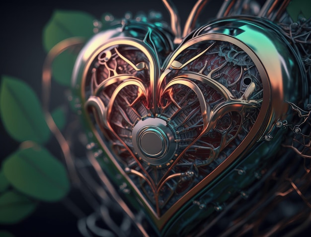 Green and gold metallic heart that represents environmental protection created with Generative AI technology