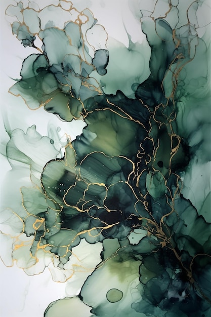 A green and gold painting of a plant with gold leaves.