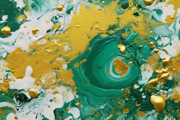 A green and gold painting of a swirl with a large circle in the center.