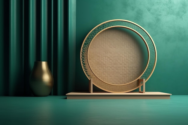 A green and gold plate stands on a shelf next to a gold vase.