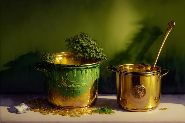 A Green And Gold Pot And A Gold Spoon