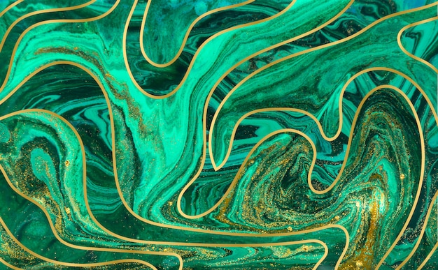 Green and gold ripple background. Golden marble texture.