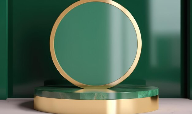 A green and gold round object with a gold rim sits on a table.