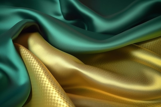 A green and gold silk fabric with a gold foil.