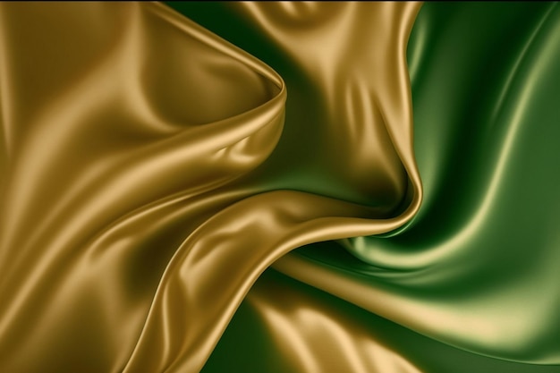Зеленая и золотая шелковая ткань с зеленым фоном.