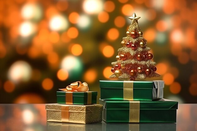 Green and golden gift boxes with golden bows on the background of bokeh effect generative ai