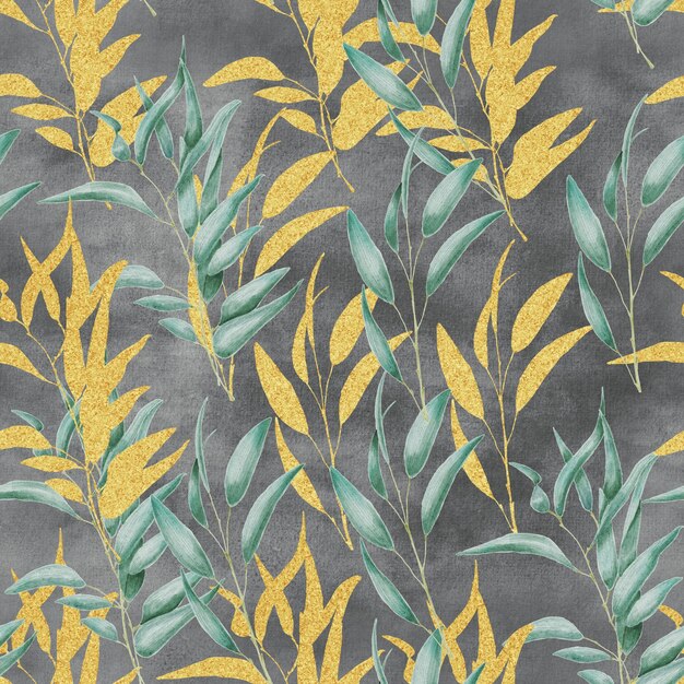 Photo green and golden leaves on black watercolor background seamless pattern