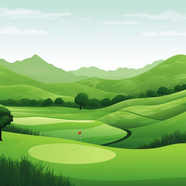 A green golf course with a green field and mountains in the background.