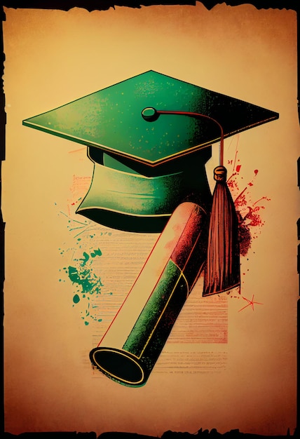 A green graduation cap and a pen is on a yellow background with red and blue splatters.