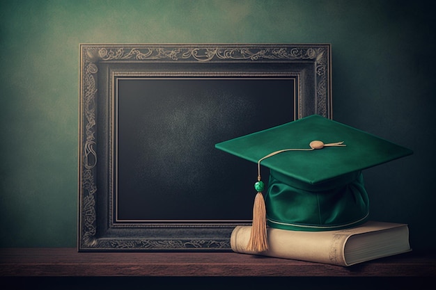 A green graduation cap sits on a book next to a blackboard.