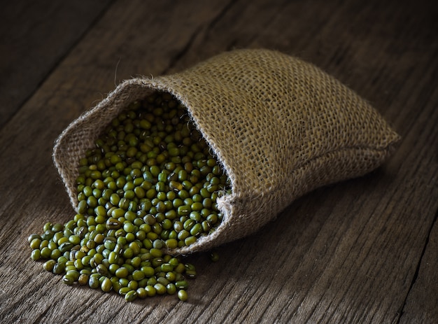 Green gram or mung bean in sacks on table