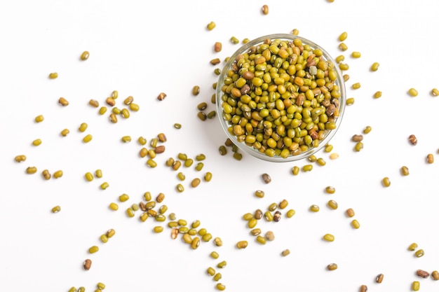 Green gram seed or mung beans in bowl on white  