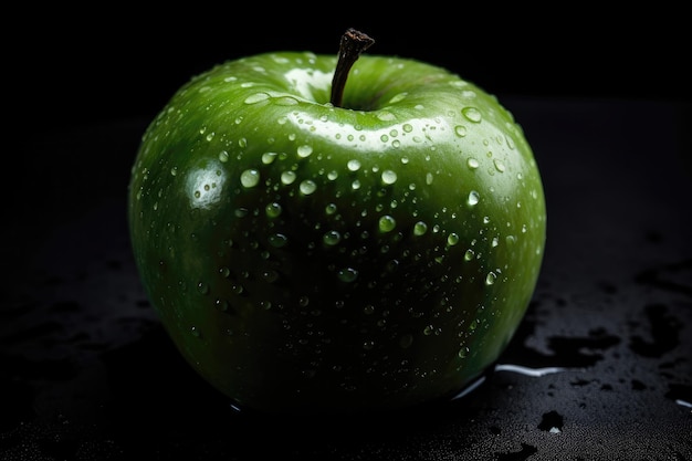Green Granny Smith Apple Metallic Drops On Black Background Generative AI