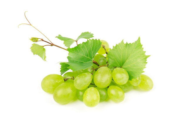 Green grape with leaves isolated on white background 