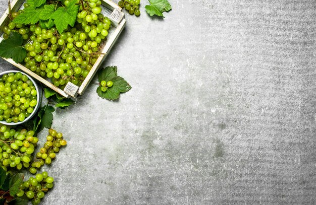 Green grapes in a box. On the stone table.