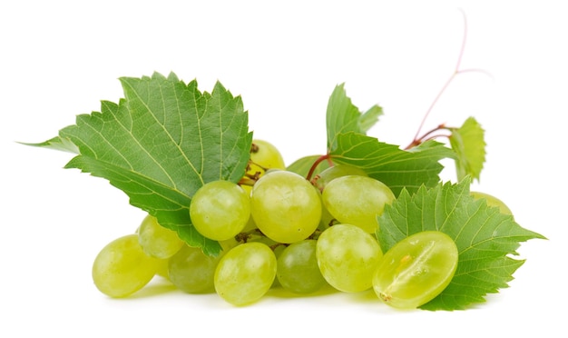 Green grapes isolated on white background Fresh bunch of organic grapes with leaves