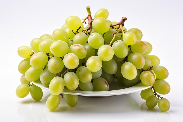 Green grapes in a plate on a white background