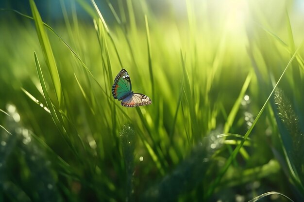 Фото Зеленая трава и бабочки генеративный ai