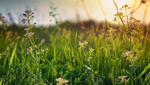 写真 日の出の緑の草と花