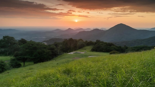 Photo green grass at bald hill mountain scenic park in ranong thailand