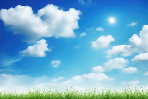 Green grass and blue sky with white clouds background