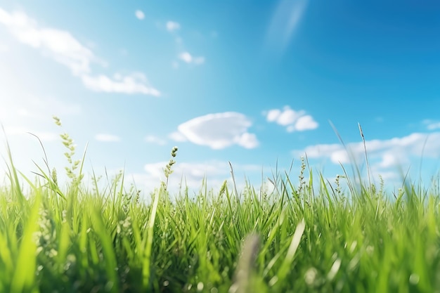 Green grass and blue sky with white clouds Nature background Close up