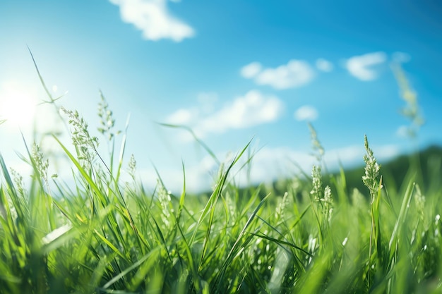 Green grass and blue sky with white clouds Nature background Soft focus