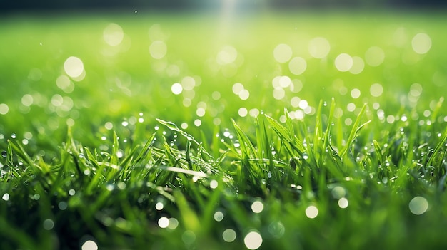 푸른 잔디 바닥에서 비가 내리는 축구 경기장의 전망