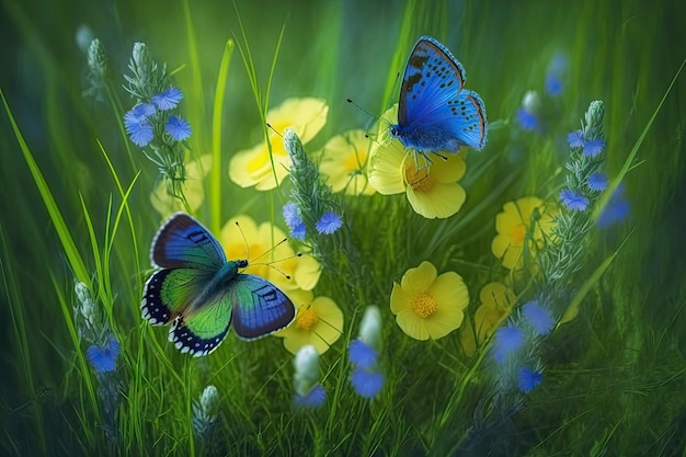 Green grass of clearing with blue flowers and yellow butterflies in flower meadow in spring created