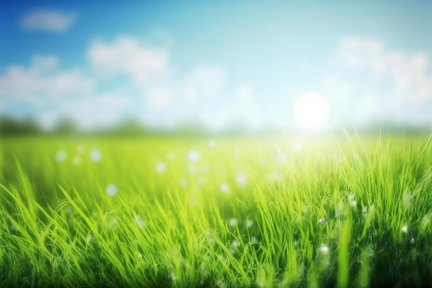 Green grass at close up low angle shot with blue sky in background